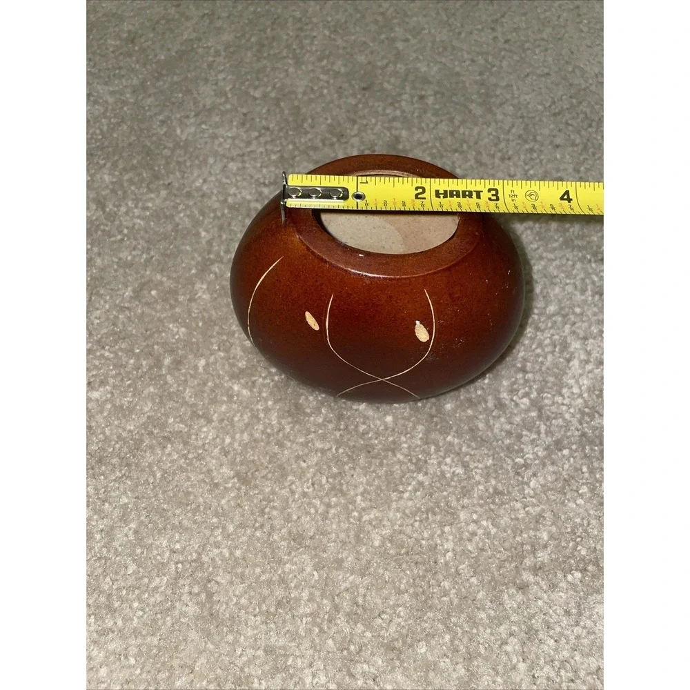 Vintage Hand Carved Wooden Round Bud Vase Etched Floral Design Brown 3‎ Inch
